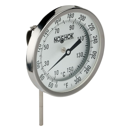 NOSHOK 3" Bimetal Thermometer, 1/2" NPT Back Conn, 9" Stem Length, 0/140 F/C, .250" Diameter 30-310-090-0/140-F/C